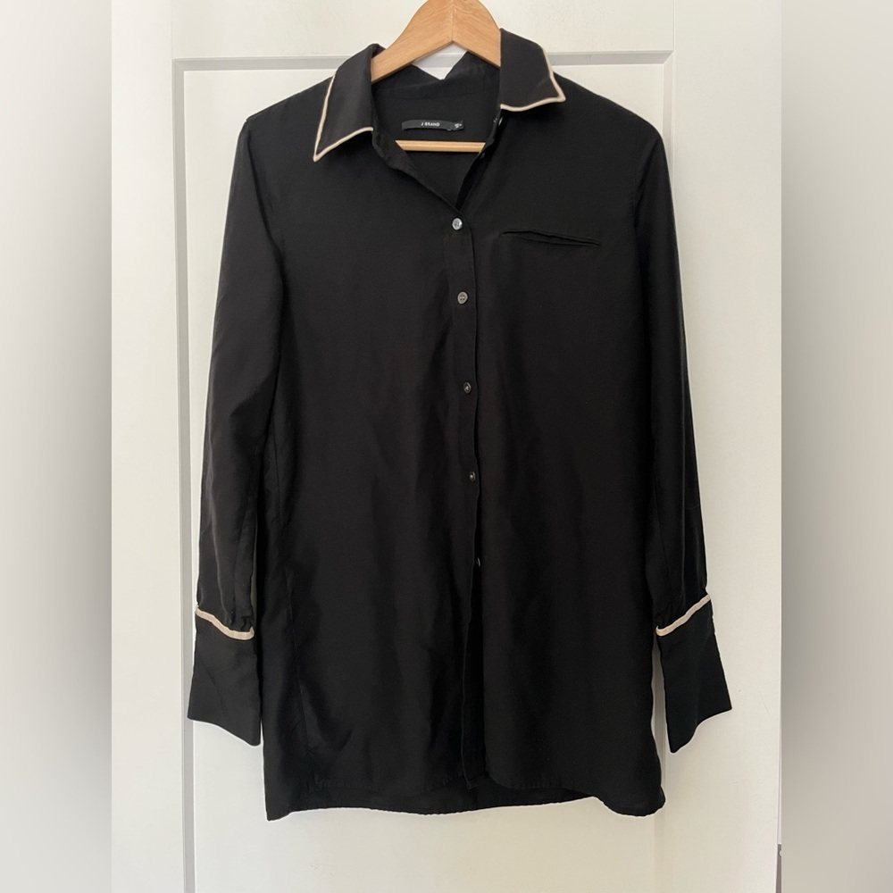 J Brand Silk Blend Black White Contrast Trim Button Up Pyjama Style Blouse M
